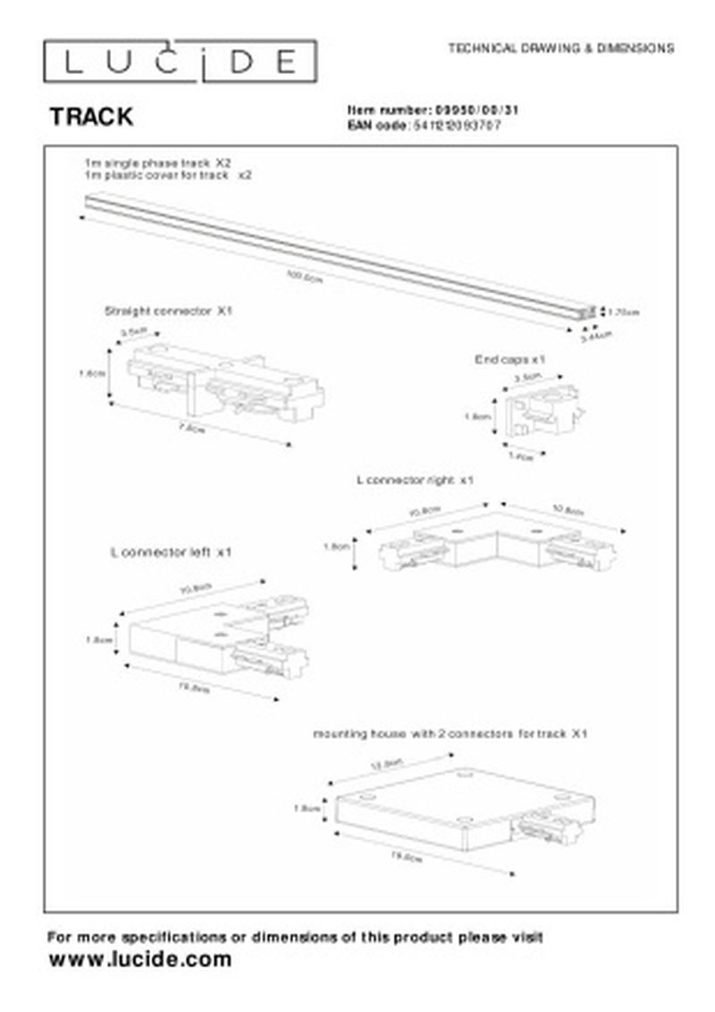 Lucide TRACK Štartovacia sada - 1-okruhový Systém osvetlenia koľají - 2 metre - Biela